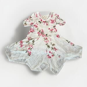 FARMHOUSE FROCKS Pink White Floral Dress Short Sleeve M Cottagecore Fairy Flowy